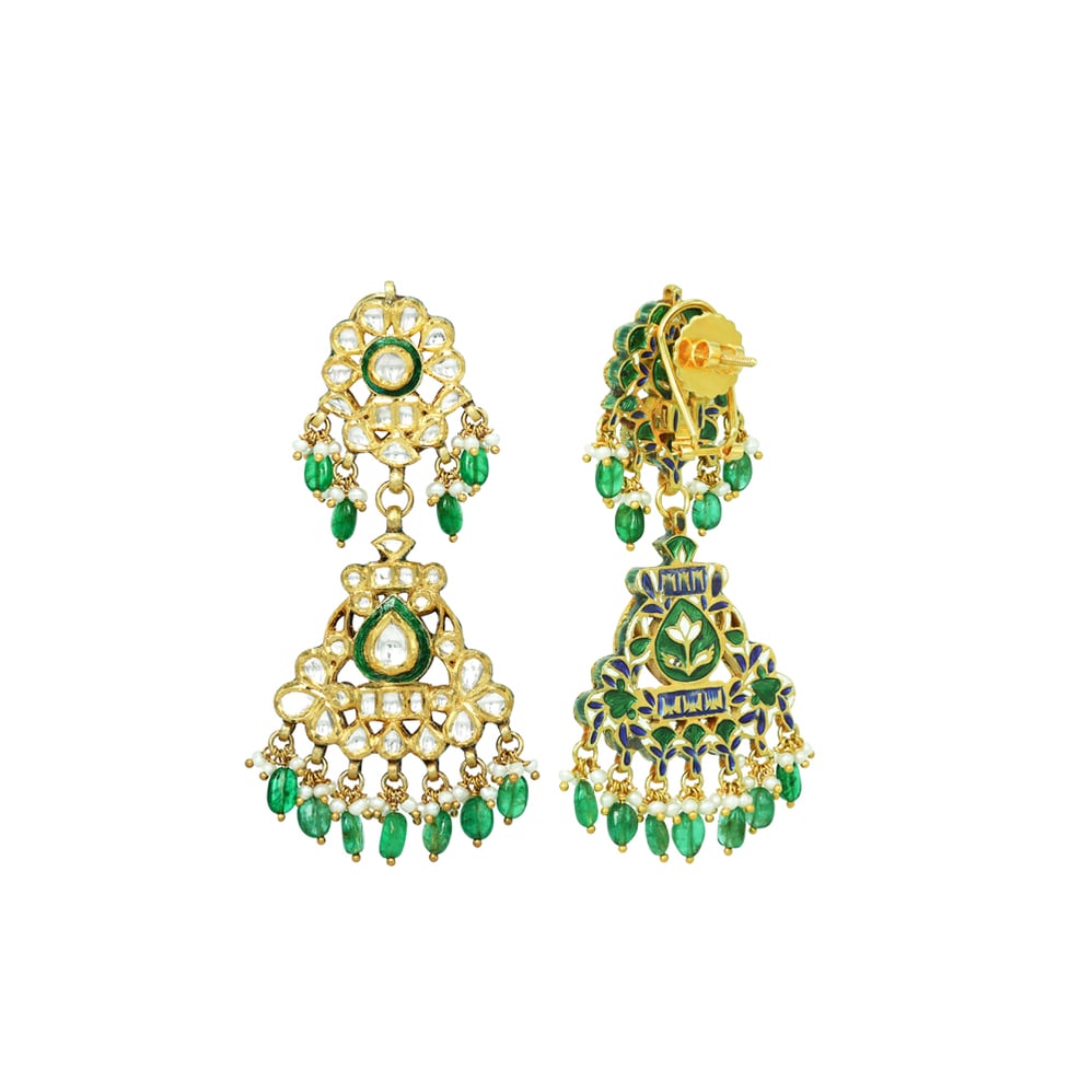 Polki Jadau Earrings with Green Meenakari and Emerald Maniya